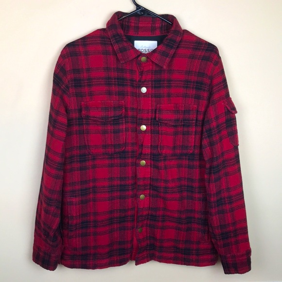 Fossil Men’s Plaid Flannel Multi-Pocket Red Black Shirt Jacket Shacket - Picture 1 of 10